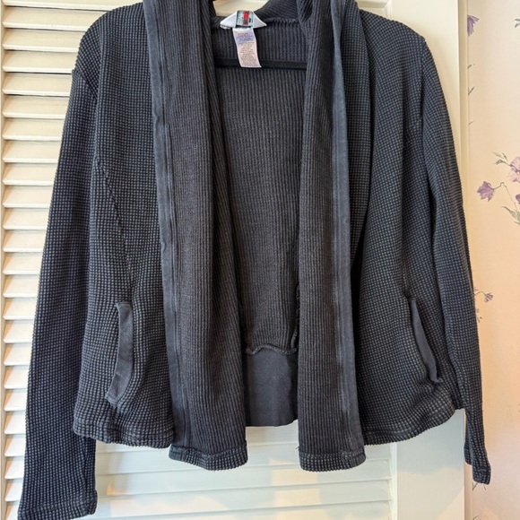 Hard Tail Washed Black Waffle Print Long Sleeve Hooded Open Top with Pockets M - Picture 1 of 9